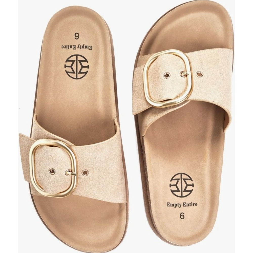 Women's Cork Sandals, Arch Support Fashion Slides with Metal Buckle - Size 9